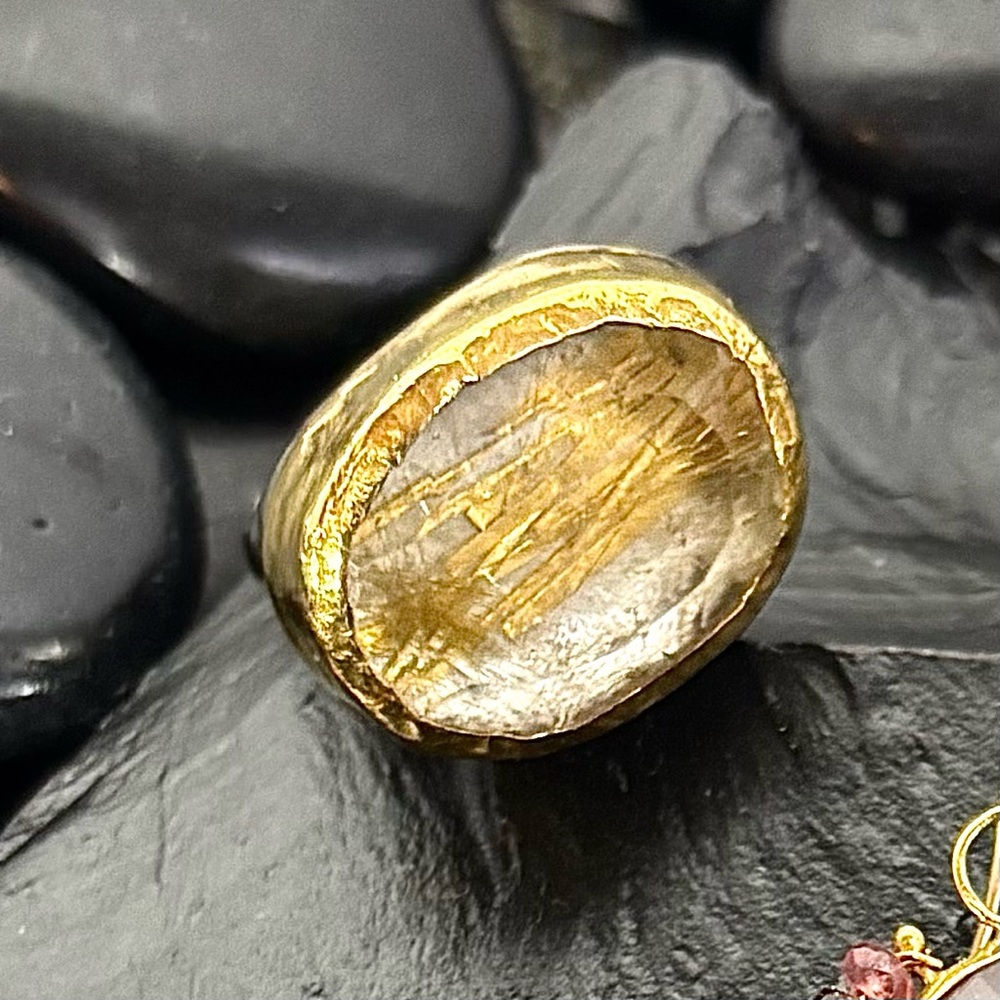 NAVA ZAHAVI 22k Gold/Sterling Silver/Rutilated Quartz Ring Size 7 - 7.5